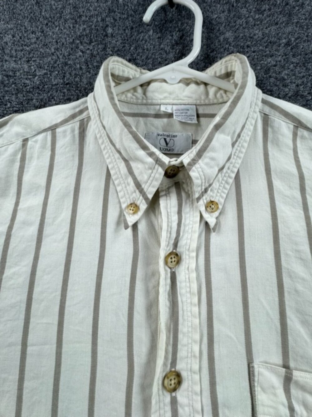 VTG Valentino Uomo Button-Down Large Striped White Gray Cotton Rayon Pocket Mens